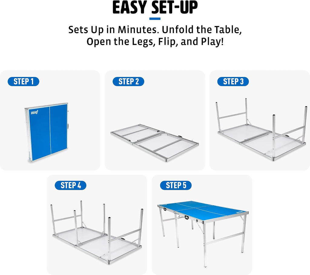 EastPoint Space Saver Table Tennis Table - Assembled, Blue, 6 ft x 3 ft - Weatherproof for Outdoor Ping Pong - Paddles & Balls for Instant Ping Pong Play