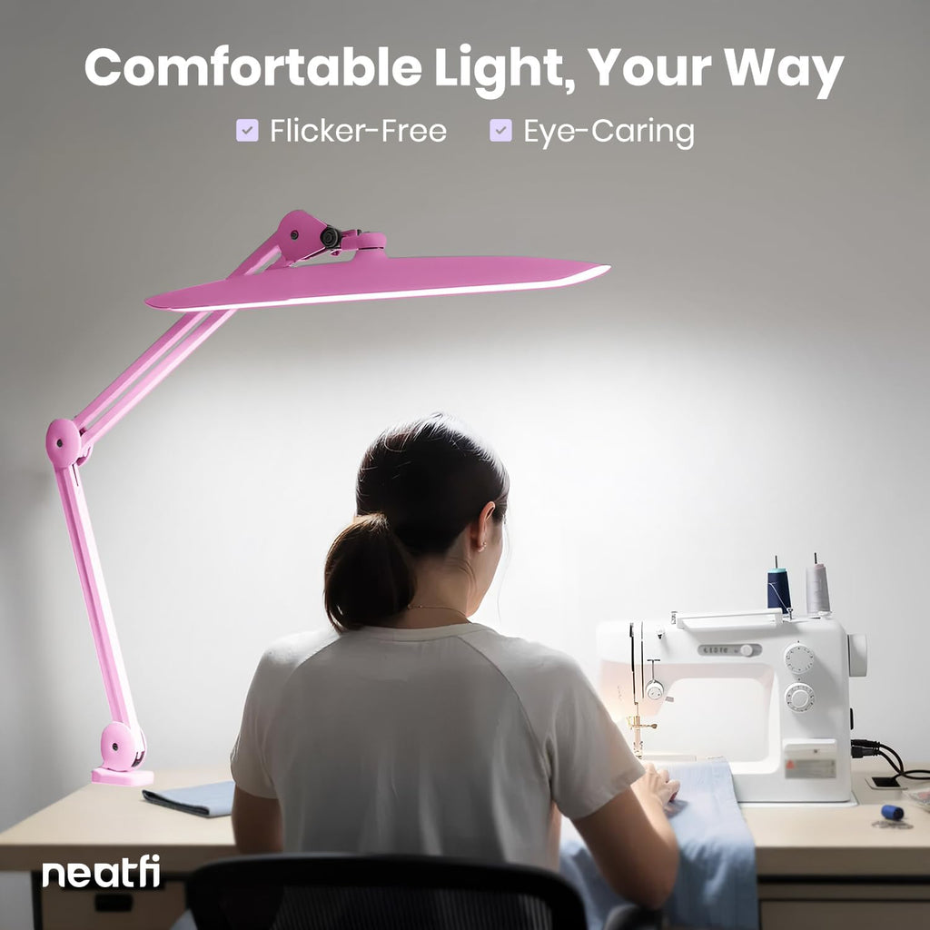 Neatfi XL 2200 Lumens 20W LED Desk Lamp with Clamp – Adjustable Color Temperature | 4-Level Dimmable Light | Home Office, Crafts & Workbench | 20-Inch Wide Head (Pink, CCT with Clamp)
