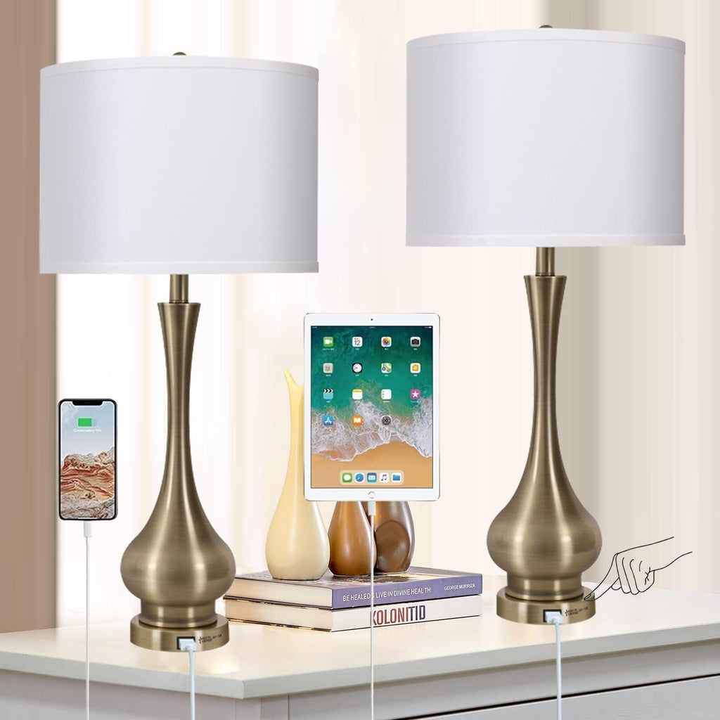 Touch Lamp for Bedrooms Set of 2, 3-Way Dimmable Nightstand Lamp Sets with Linen Fabric Shade, Bedside Lamp with USB Port & E26 Socket, Modern Tall Table Lamp for Bedroom, Living Room, Office