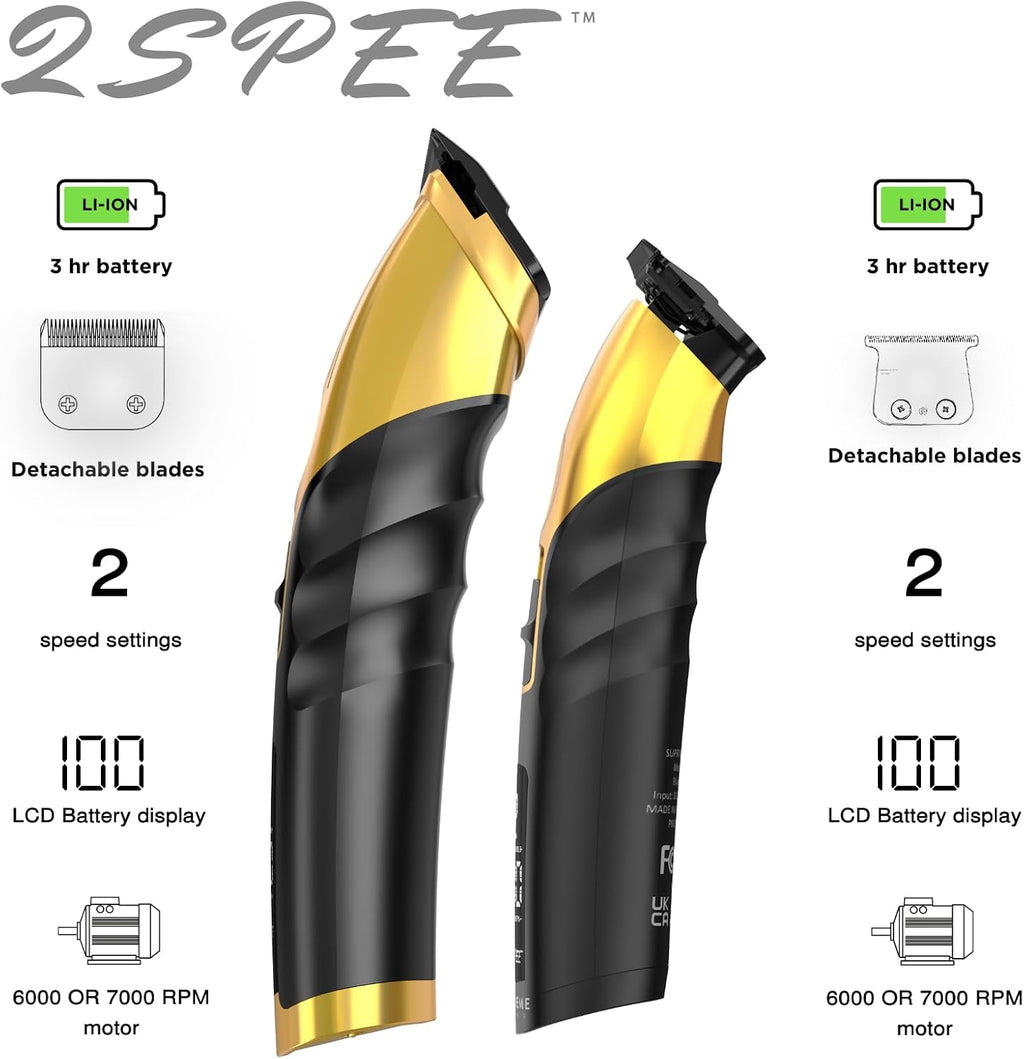 Supreme Trimmer 2-in-1 2Spee Beard Trimmer & Hair Clipper Combo | Removable Blades, 2 Speeds, LCD Display | Cordless Professional Barber Tools - Easy Color Coded Clipper Guide Combs | STB280 (Gold)