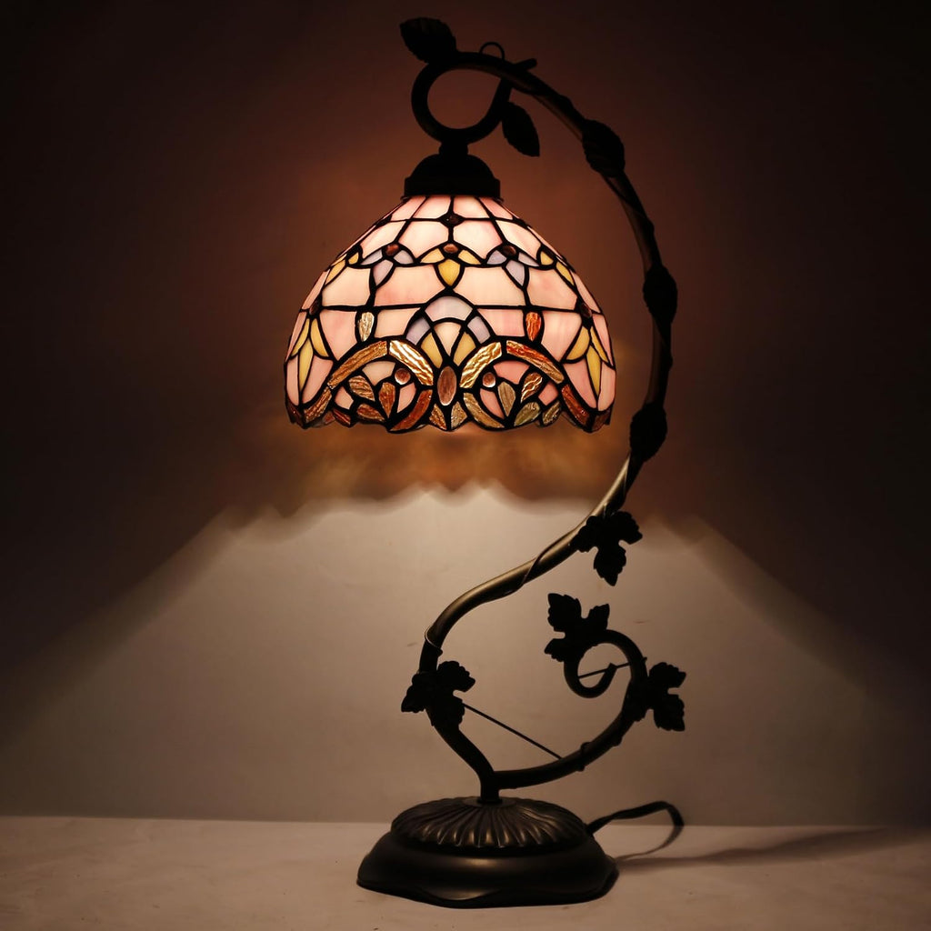 WERFACTORY Tiffany Table Lamp Pink Stained Glass Baroque Style Reading Desk Light, Metal Leaf Base 8X10X21 Inches Decor Small Space Bedside Bedroom Home Office S003P Series