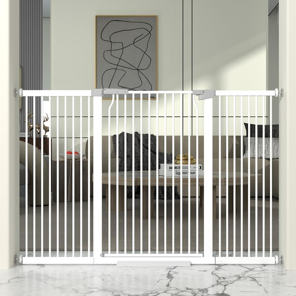 41' Extra Tall Cat Gate for Doorway, 60.3-62.9'' Metal Pet Baby Safe Gate, Extra Wide Pressure Mounted Child Door with Expansion Kit, No Drilling Baby Gate Indoor, No Climb Proof Gate, White