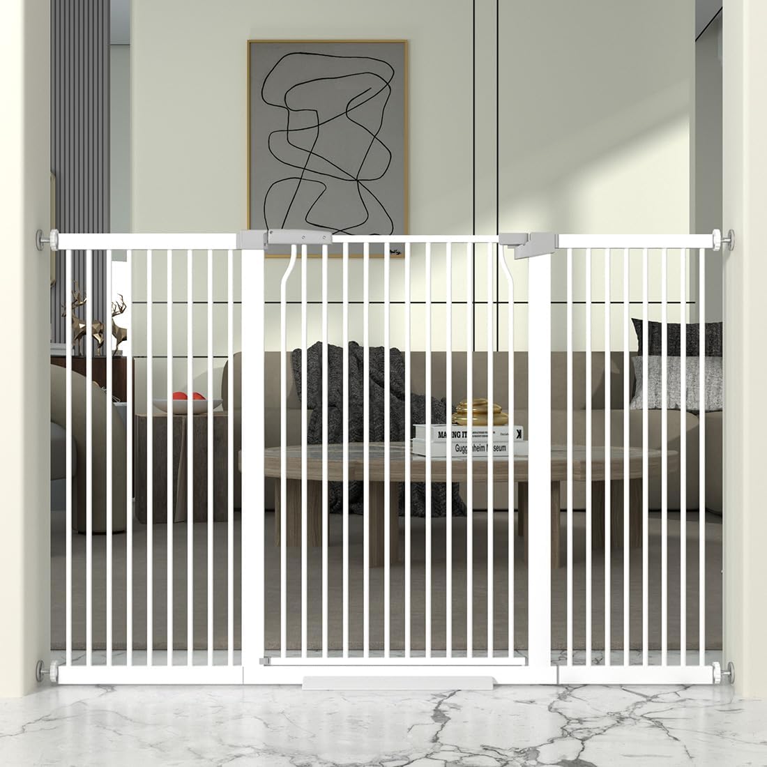 41' Extra Tall Cat Gate for Doorway, 60.3-62.9'' Metal Pet Baby Safe Gate, Extra Wide Pressure Mounted Child Door with Expansion Kit, No Drilling Baby Gate Indoor, No Climb Proof Gate, White