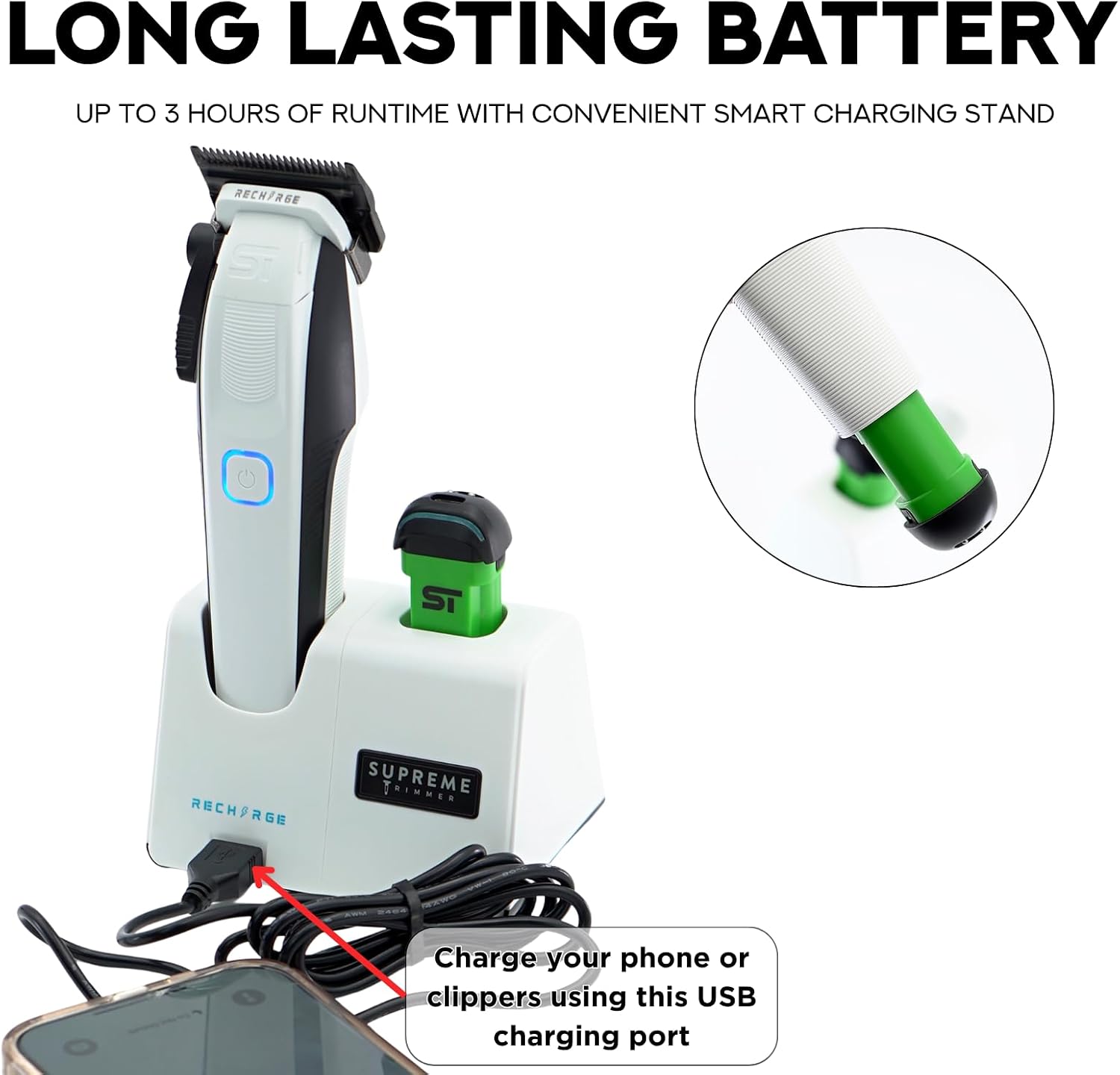Supreme Trimmer Recharge Clipper - Professional Hair Clipper with 2 Removable Batteries, Brushless Motor, Smart Charge Stand, USB-C Charge & DLC Blades Barbers | STC779