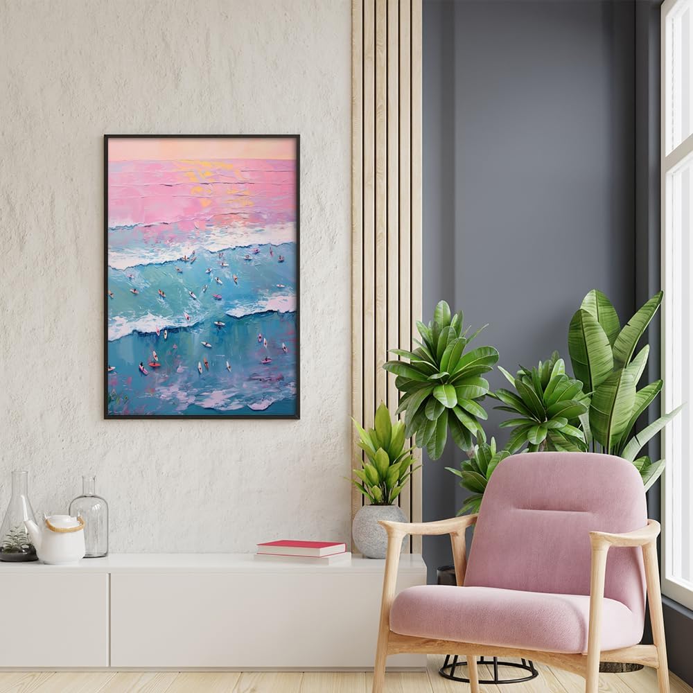 Trendy Summer Wall Art Blue Beach Poster Pink Sky Canvas Preppy Ocean Surf Print Beachy Painting Coastal Picture Aesthetic for Teen Girls Dorm Bedroom Apartment Decoration 24x36inch Metal Black Framed