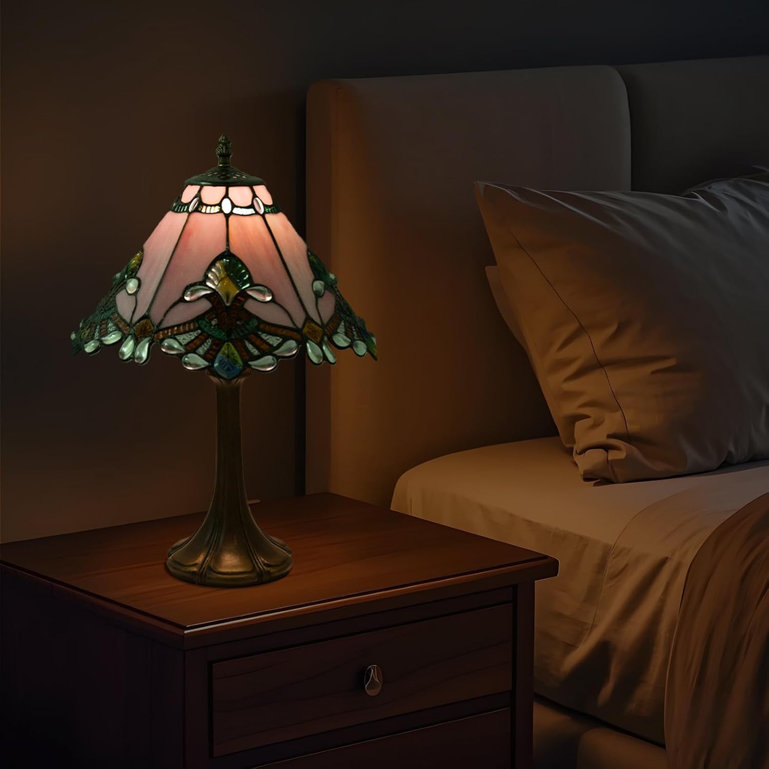 JHuiLap 12 Inch Tiffany Style Table Lamp, Baroque Stained Glass Lamp with Remote Control, Stepless Dimmable & 3 Color Temperatures, Desk Lamps for Bedroom Farmhouse Bedside Nightstand Bedside (Pink)