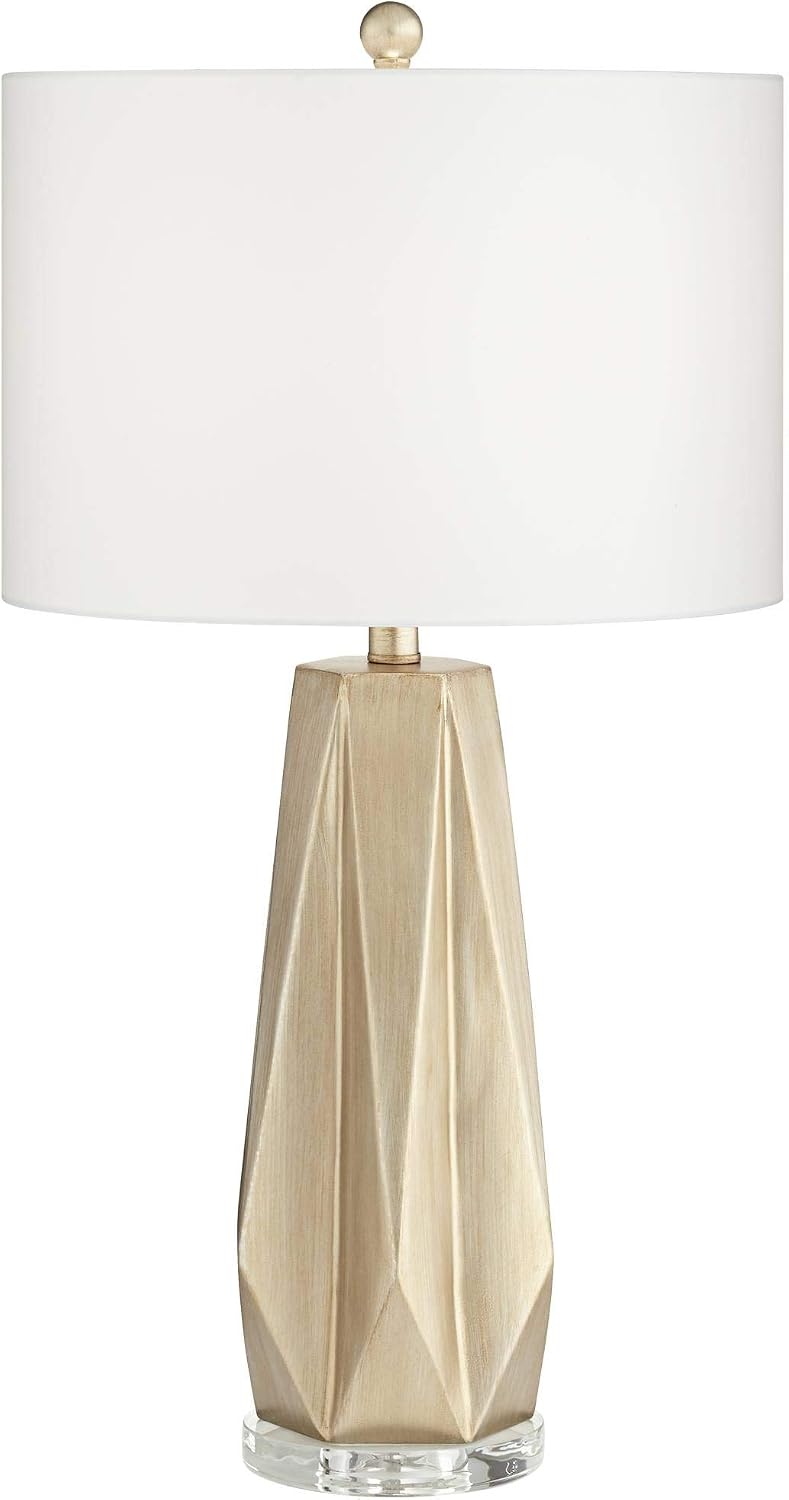 Possini Euro Design Bravo Modern Table Lamp 28' Tall Champagne Gold Diamond Geometric Cut White Drum Shade Decor for Bedroom Living Room House Home Bedside Nightstand Office Entryway Kids Family
