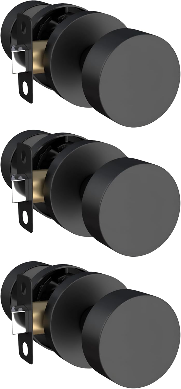 Mega Handles Buena Passage Door Knobs - 3 Pack Reversible Interior Door Knobs, Heavy Duty Matte Black Door Knob for Closet & Hallway, No Lock, Fits All Standard Door Sizes - Matte Black