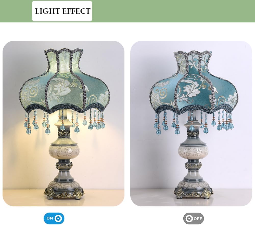 Victorian Style Blue Table Lamp, Flower Decorative Bedside Desk Lamp with Bead Curtain, Resin Base, Elegant Night Light for Bedroom Nightstand