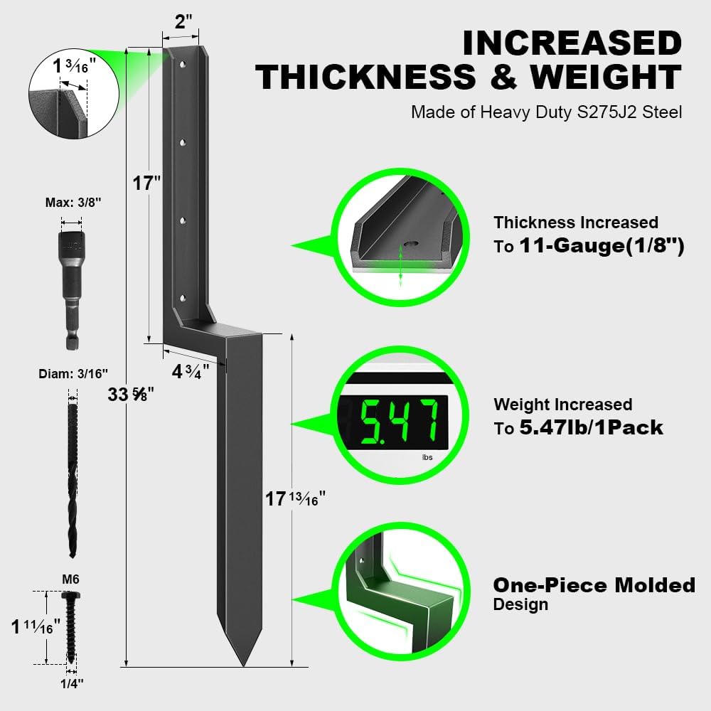 Fence Post Repair Kit - One-Piece Steel Anchors & Stakes to Quick Fix Broken/Leaning 4x4/6x6 Wood Posts Support (Thickened 11-Gauge, 4-Pack)
