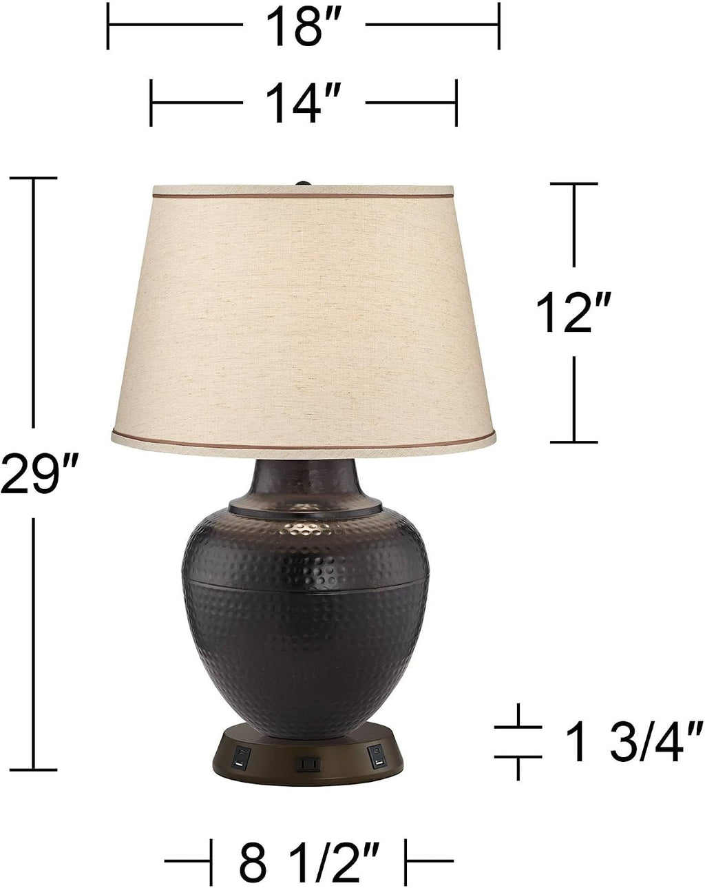 Barnes and Ivy Brighton Rustic Farmhouse Table Lamp 27 1/4' Tall with USB and AC Power Outlet in Base Bronze Hammered Pot Beige Drum Shade for Bedroom Living Room House Home Bedside Nightstand