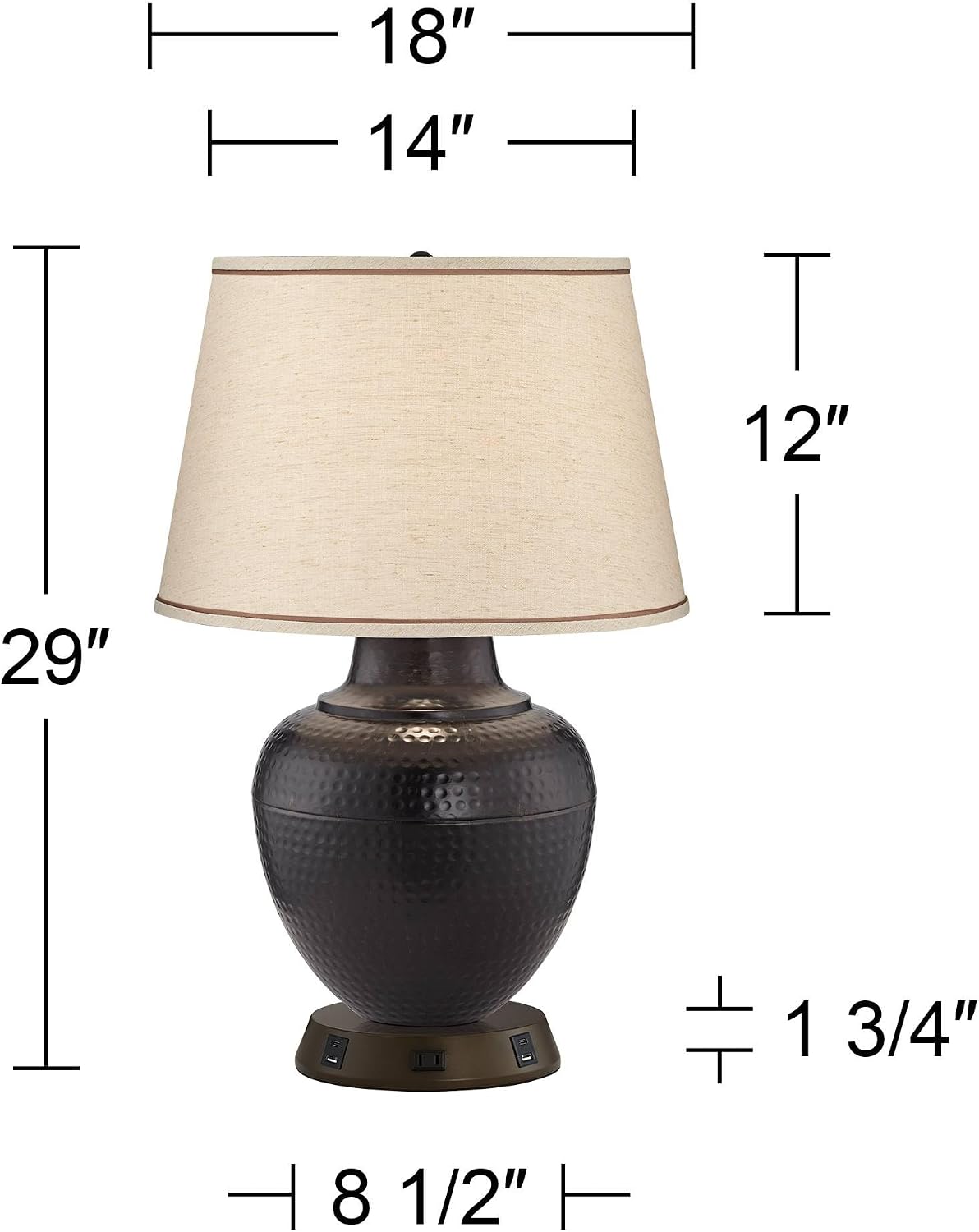 Barnes and Ivy Brighton Rustic Farmhouse Table Lamp 27 1/4' Tall with USB and AC Power Outlet in Base Bronze Hammered Pot Beige Drum Shade for Bedroom Living Room House Home Bedside Nightstand