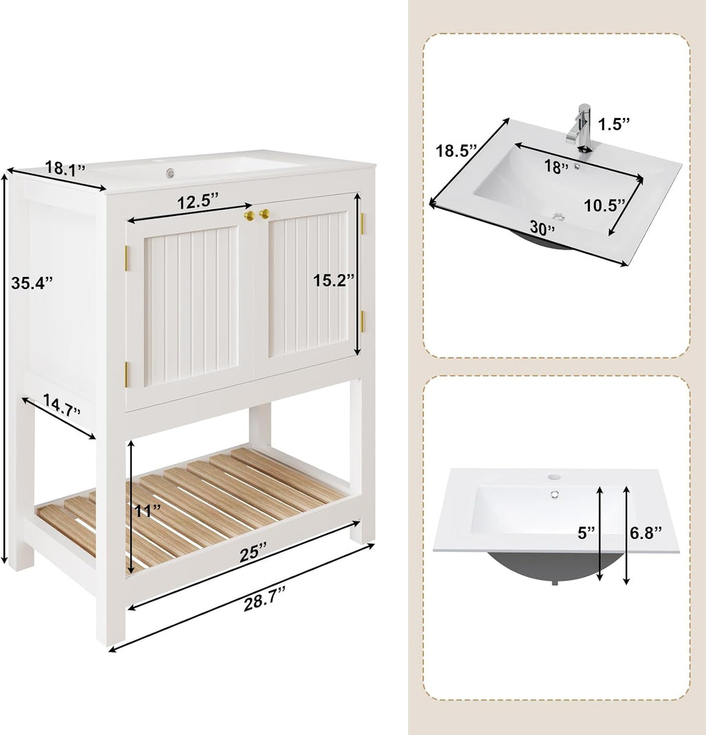 30 Inch Bathroom Vanity with Sink, Modern Bathroom Sink Cabinet with Open Shelf, Ceramic Basin, Freestanding Bathroom Vanities, White