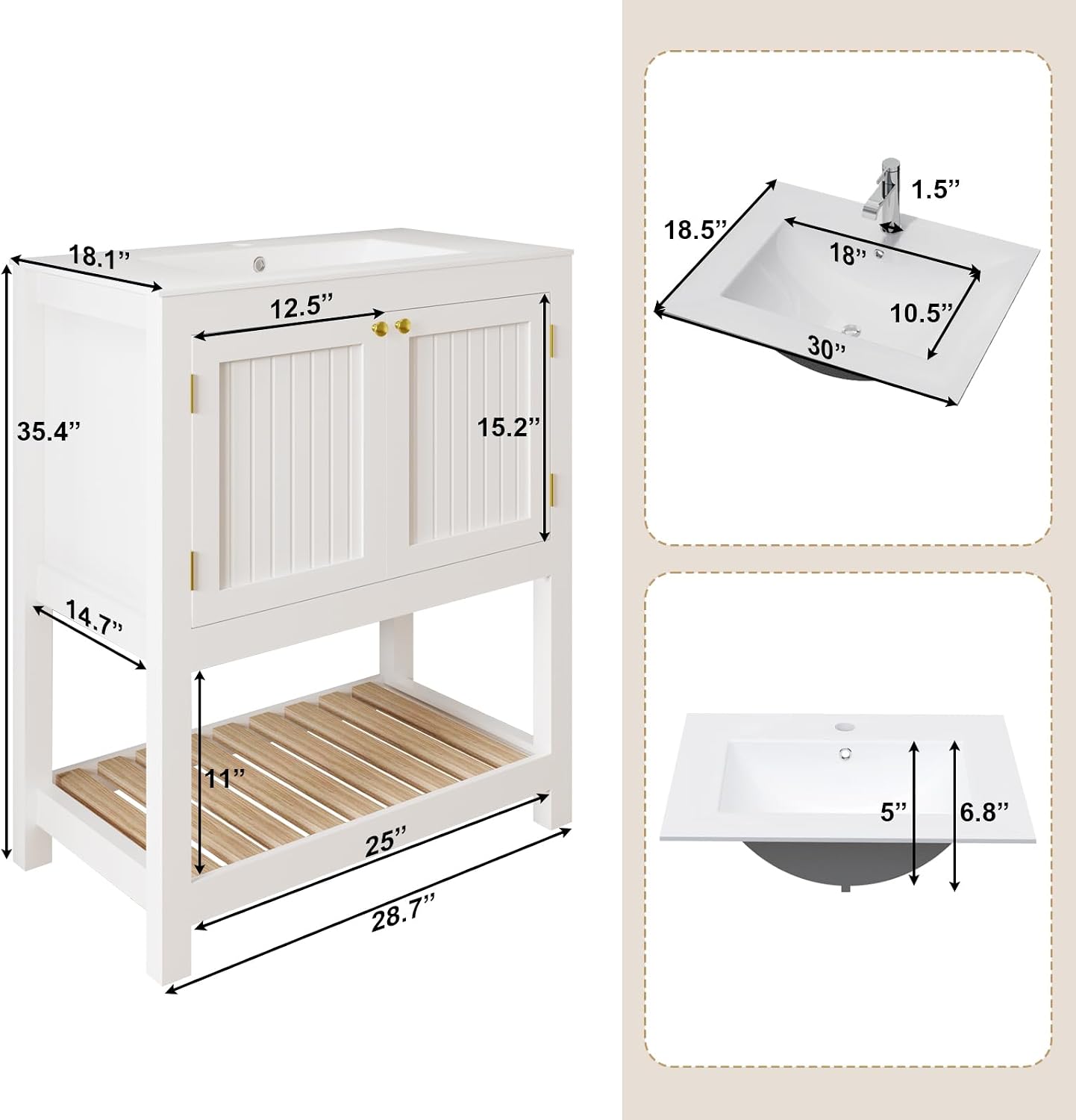 30 Inch Bathroom Vanity with Sink, Modern Bathroom Sink Cabinet with Open Shelf, Ceramic Basin, Freestanding Bathroom Vanities, White