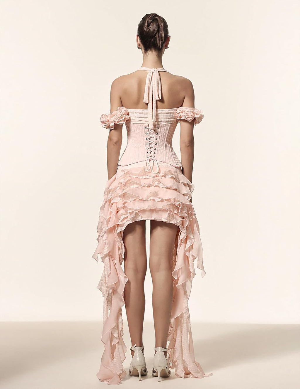 Women's Pink Halter Neck Tube Top 3D Flower Tiered Ruffle Dress Mini Streamer Corset Bodycon Cocktail Party Dress