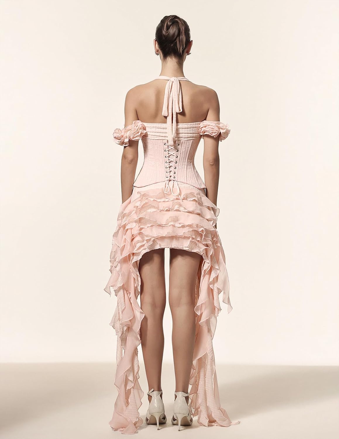 Women's Pink Halter Neck Tube Top 3D Flower Tiered Ruffle Dress Mini Streamer Corset Bodycon Cocktail Party Dress