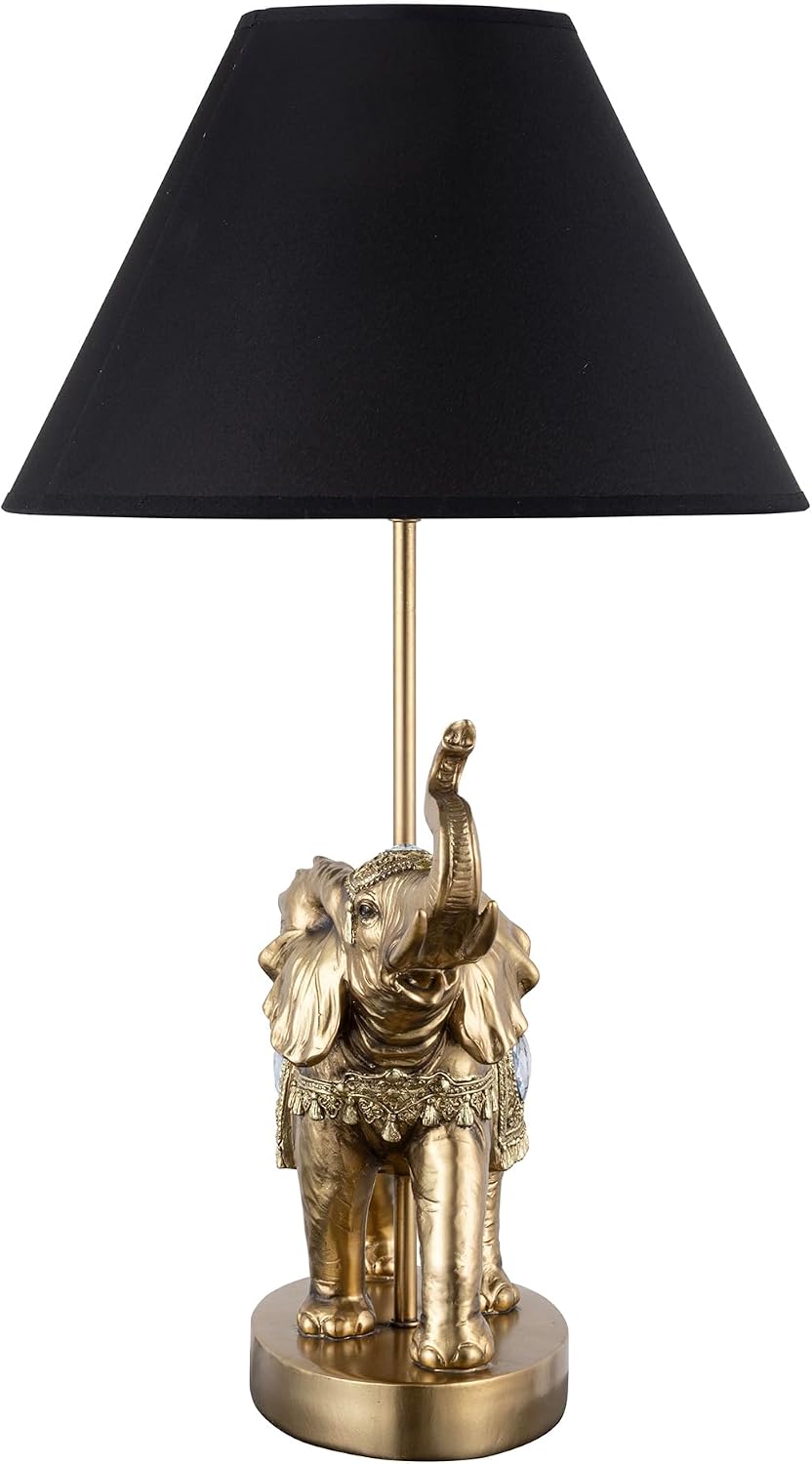 ICE ARMOR 18.5' Detailed Craftsmanship Golden Elephant Table Lamp - Bedside Light with Fabric Shade, Exotic Decor & Cultural Ambiance