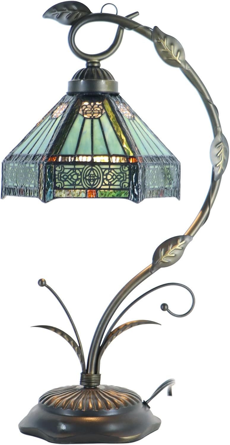 Tiffany lamp Stained Glass Table Lamp, Mission Style Desk Reading Light with Metal Leaf Base, 8X10X19 Inches (Mission Style)