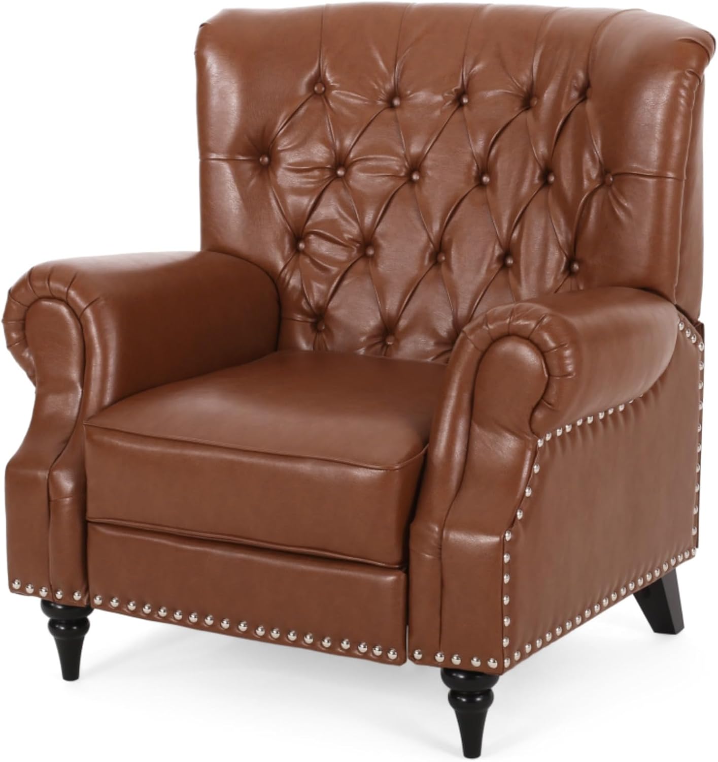 Classic Style Manual Push Back Chair with Exquisite Rivet Decor and Rolled Armrests, Ideal for Living Room Relaxation and Daily Seating (Light Brown + PU)