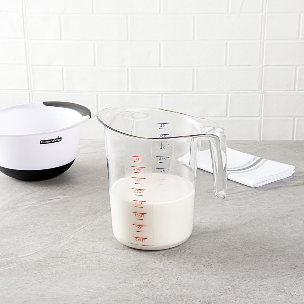 Restaurantware RW Base 4 Quart Measuring Jars 10 Durable Measuring Beakers - Metric And Imperial Units V-Shaped Spout Clear Plastic Measuring Cups Handle With Thumb-Grip Tolerates Up To 248F