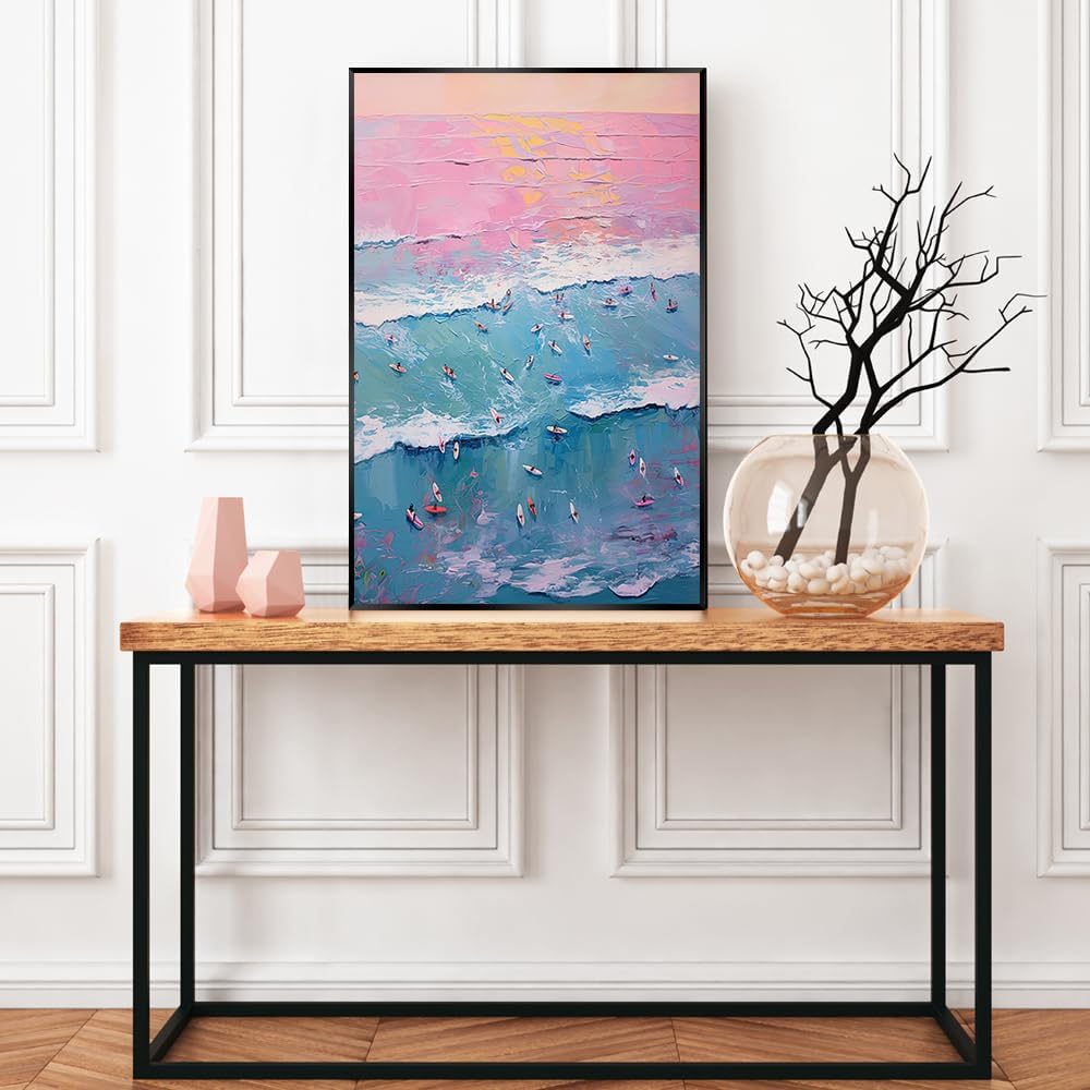 Trendy Summer Wall Art Blue Beach Poster Pink Sky Canvas Preppy Ocean Surf Print Beachy Painting Coastal Picture Aesthetic for Teen Girls Dorm Bedroom Apartment Decoration 24x36inch Metal Black Framed