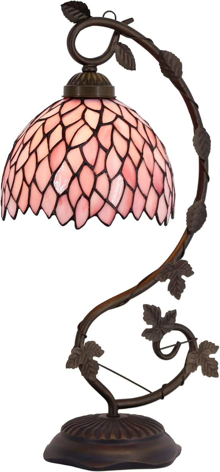 WERFACTORY Tiffany Lamp Pink Wisteria Style Stained Glass Table Desk Reading Light, Metal Leaf Base 8X10X21 Inches Decor Small Space Bedroom Home Office S523P Series