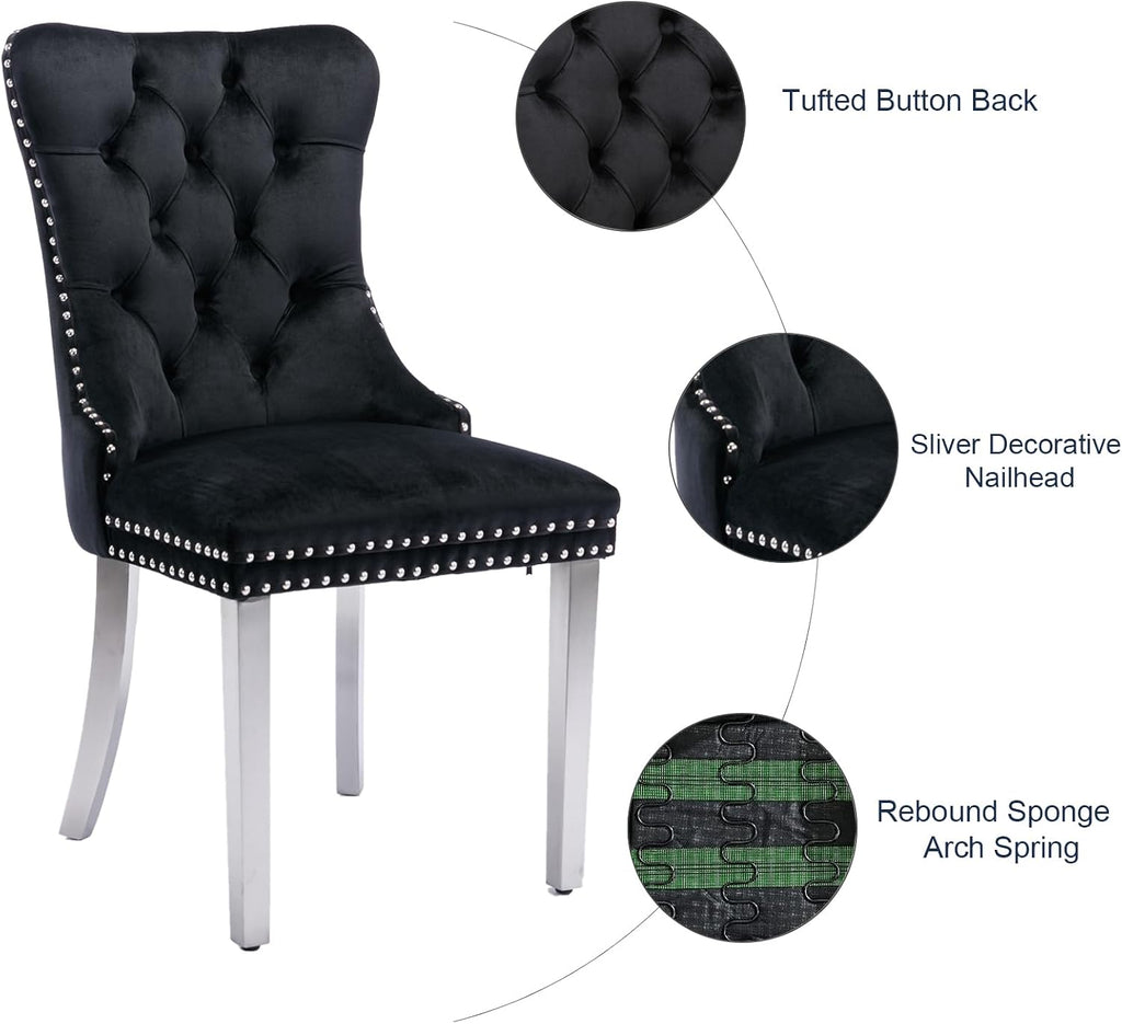 Velvet Dining Chairs Set of 2, Tufted Upholstered Dining Room Chairs with Back Ring Pull, Nailhead Trim and Sliver Stainless Steel Legs, Modern Dinging Chair for Dining Room, Kitchen(Black)