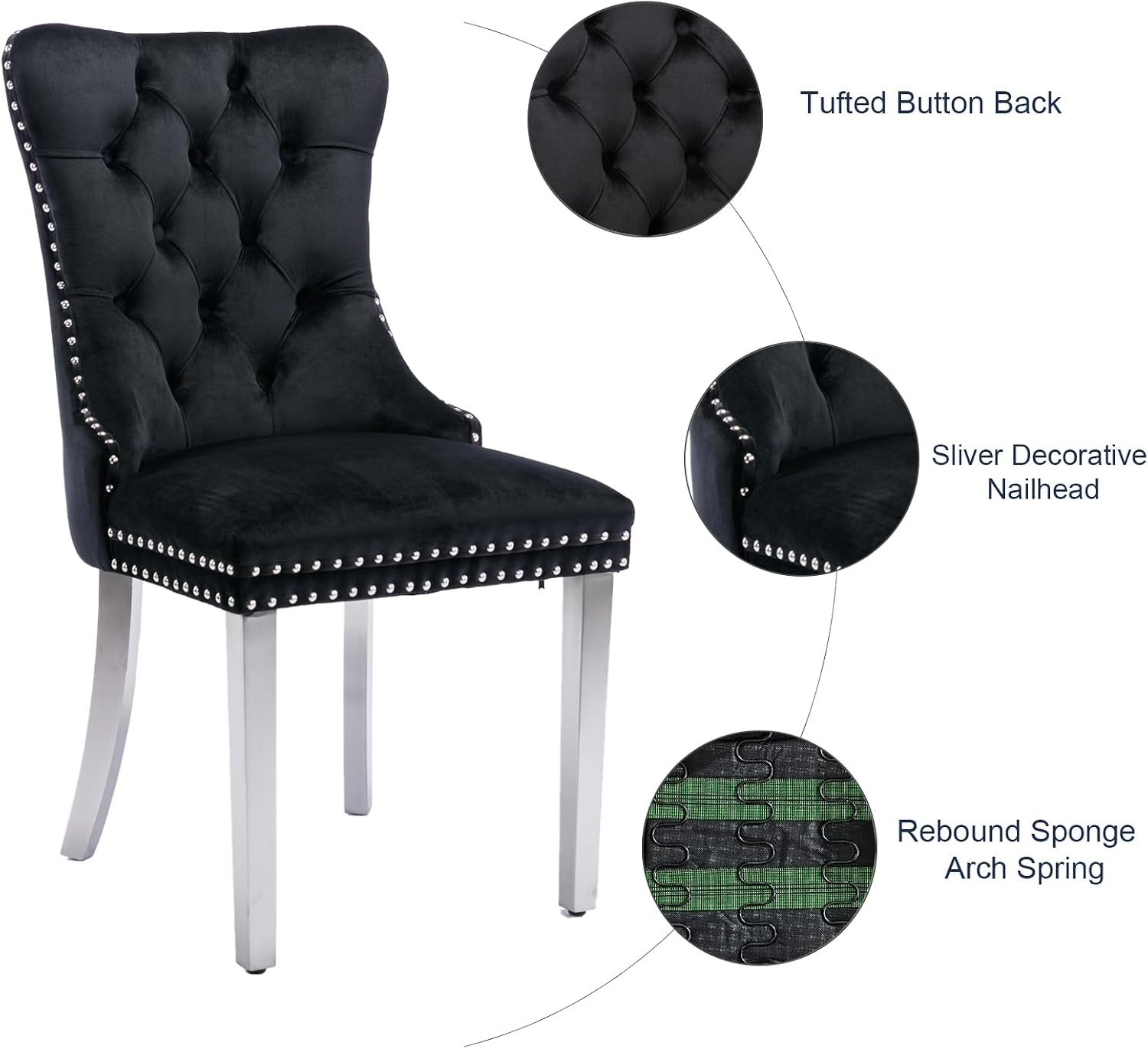 Velvet Dining Chairs Set of 6, Tufted Upholstered Dining Room Chairs with Back Ring Pull, Nailhead Trim and Sliver Stainless Steel Legs, Modern Dinning Chairs for Dining Room, Kitchen(Black)