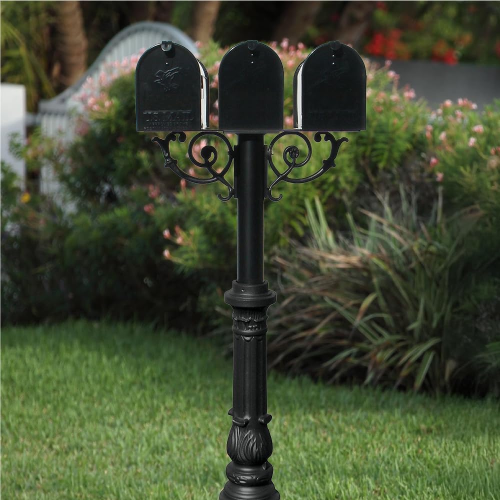 The Hanford Cast Aluminum Triple Mailbox Post System with Ornate Base, 3 E1 Mailboxes, Mounting Brackets and Scroll Supports, Ships in 2 boxes