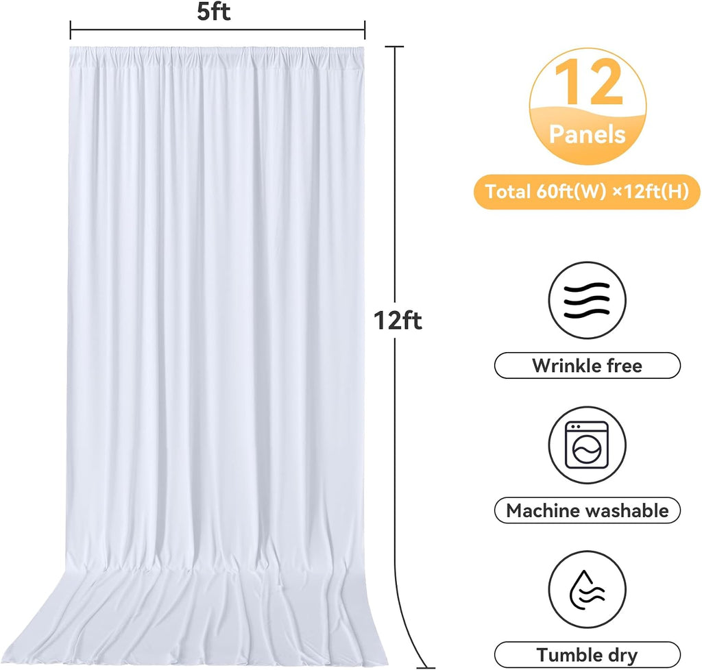 12 Panels 5x12ft White Backdrop Curtains for Parties, Wrinkle Free Polyester Photo Backdrop Drapes 12 ft Long Back Drop Cloth Drapery for Wedding Birthday Baby Shower Photography Party Background