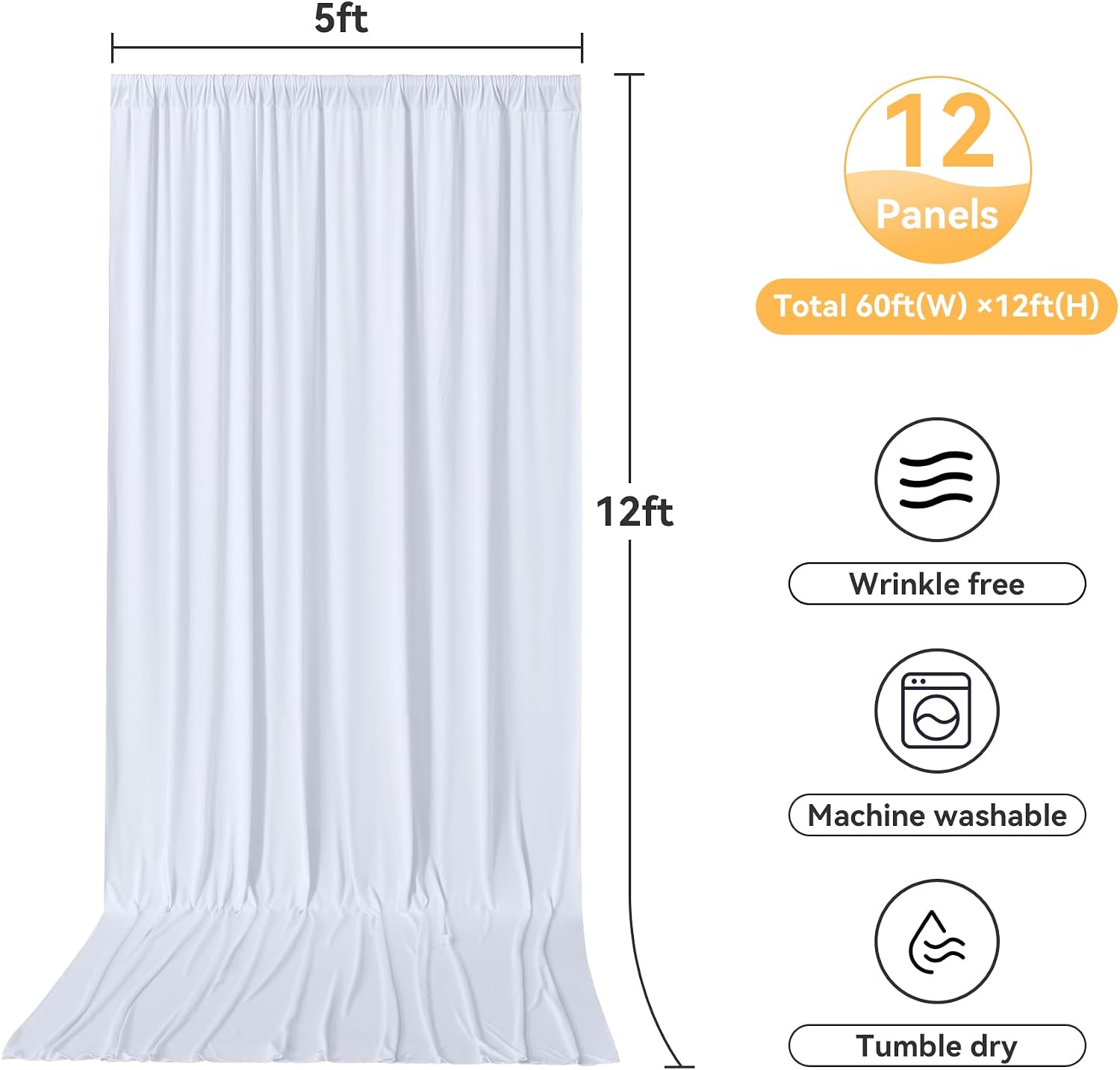 12 Panels 5x12ft White Backdrop Curtains for Parties, Wrinkle Free Polyester Photo Backdrop Drapes 12 ft Long Back Drop Cloth Drapery for Wedding Birthday Baby Shower Photography Party Background