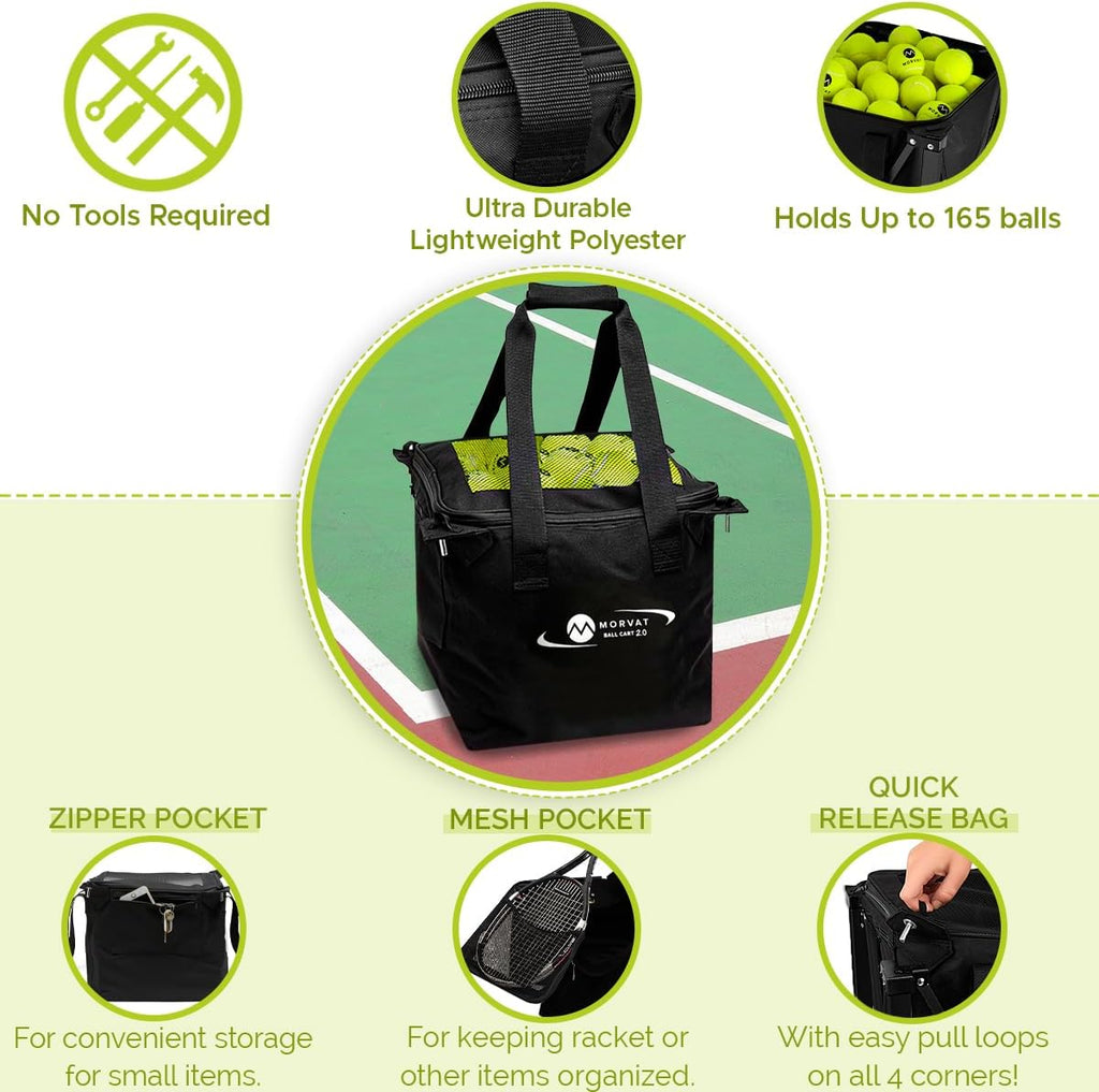 MORVAT Professional Tennis & Pickle Ball Hopper Holds 165 Balls Heavy-Duty Pro Sports Practice Cart, Foldable Portable Compact & Lightweight Zippered Pocket & Racket Holder, Carry Bag + 3 Tennis Balls
