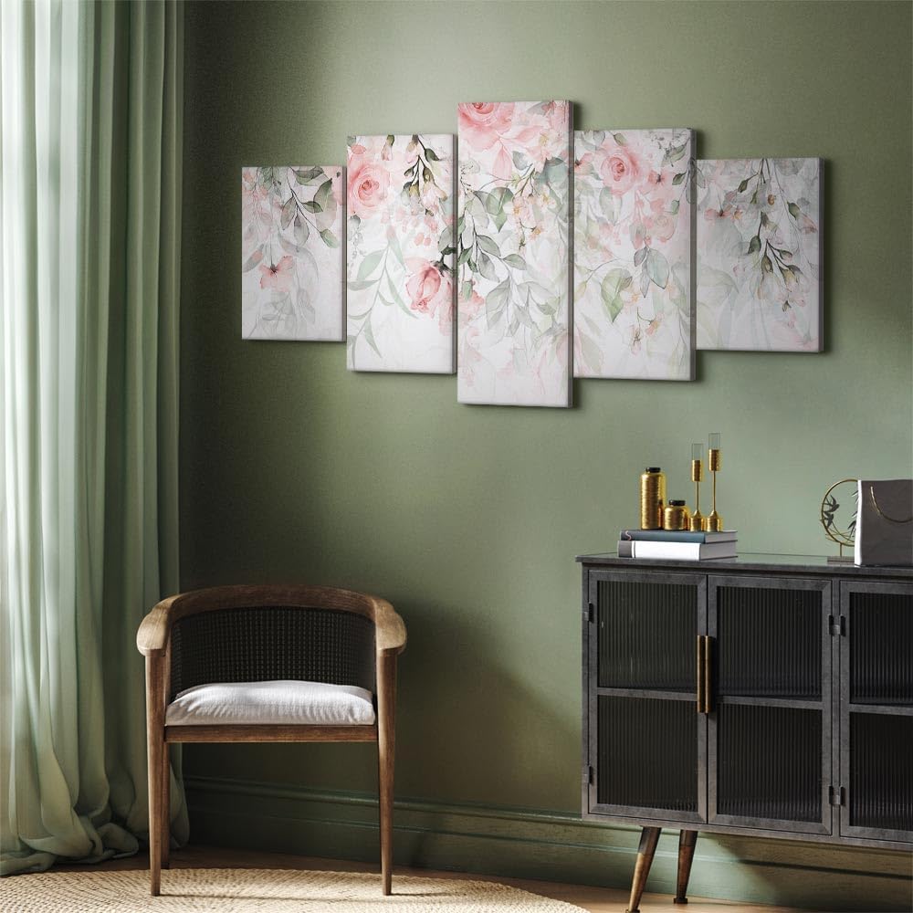 artgeist Acoustic Canvas Wall Art Flowers 40x20 in - 5pcs Picture with Acoustic Foam Sound Print Artwork Room Acoustics Soundproofing - Leaves Rose Nature rosa Green Plants Watercolor b-A-0697-b-n