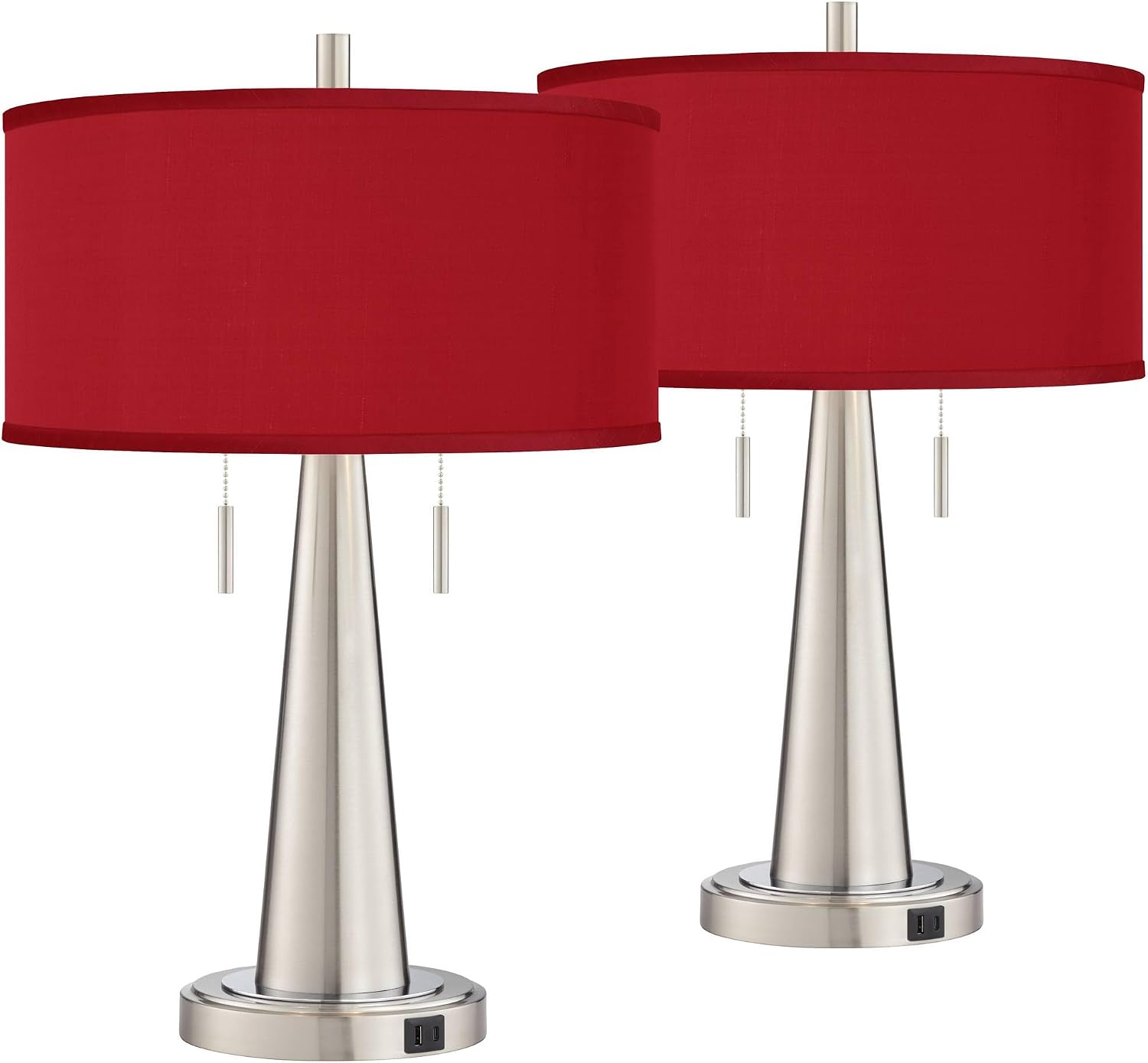 Possini Euro Design Vicki Modern Accent Table Lamps 23' High Set of 2 with USB Charging Port Brushed Nickel Red Faux Silk Drum Shade for Living Room Desk Bedroom House Bedside Nightstand Home