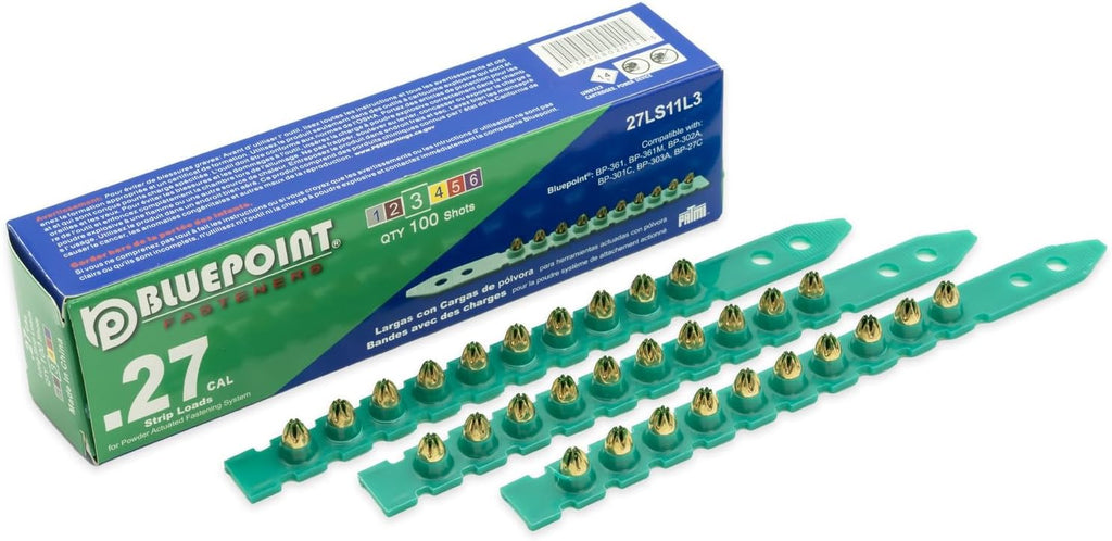 BLUEPOINT .27 Caliber Green Strip Powder Loads for Power Actuated Fastening System (1000 Count). Item# 27LS11L3. Ideal for Reliable Fastening Applications. 10-Pack Save $30