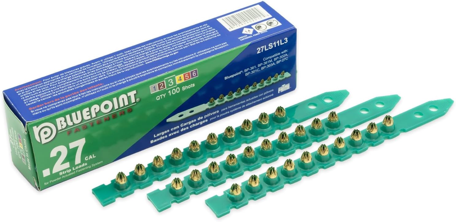 BLUEPOINT .27 Caliber Green Strip Powder Loads for Power Actuated Fastening System (1000 Count). Item# 27LS11L3. Ideal for Reliable Fastening Applications. 10-Pack Save $30