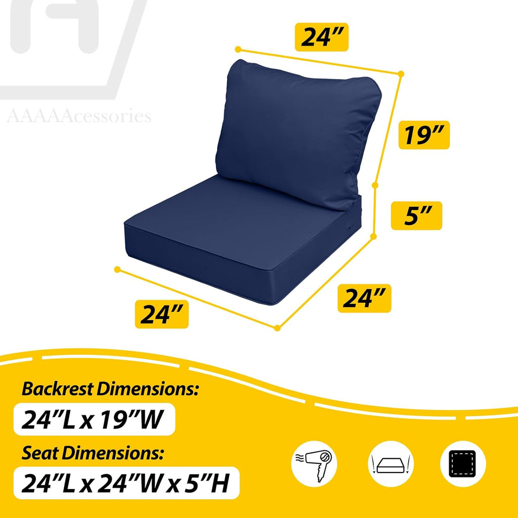 AAAAAcessories Outdoor Deep Seat Cushions, Waterproof, Fade-Resistant Patio Furniture Replacement Cushions, Set of 4, 24' x 24' x 5', Navy Blue