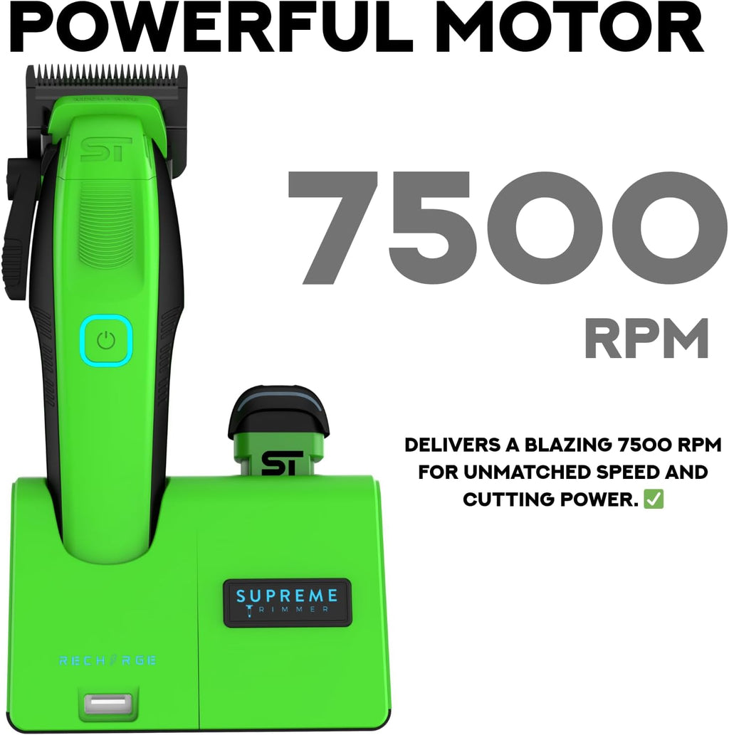 Supreme Trimmer Recharge Clipper - Professional Hair Clipper with 2 Removable Batteries, Brushless Motor, Smart Charge Stand, USB-C Charge & DLC Blades Barbers | STC779