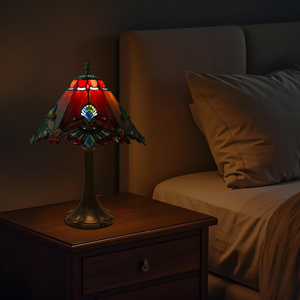 JHuiLap 12 Inch Tiffany Style Table Lamp, Baroque Stained Glass Lamp with Remote Control, Stepless Dimmable & 3 Color Temperatures, Desk Lamps for Bedroom Farmhouse Bedside Nightstand Bedside (Red)