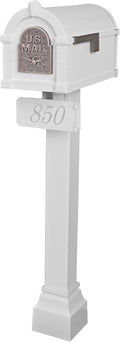 Gaines - Keystone Standard Post and Mailbox Package with Personalized Address Plaque and Decorative Cuff (White with Satin Nickel Eagle)