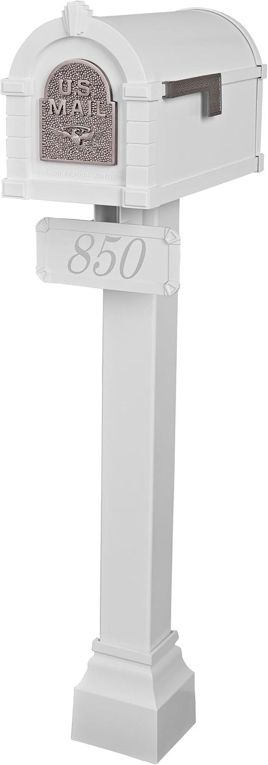 Gaines - Keystone Standard Post and Mailbox Package with Personalized Address Plaque and Decorative Cuff (White with Satin Nickel Eagle)