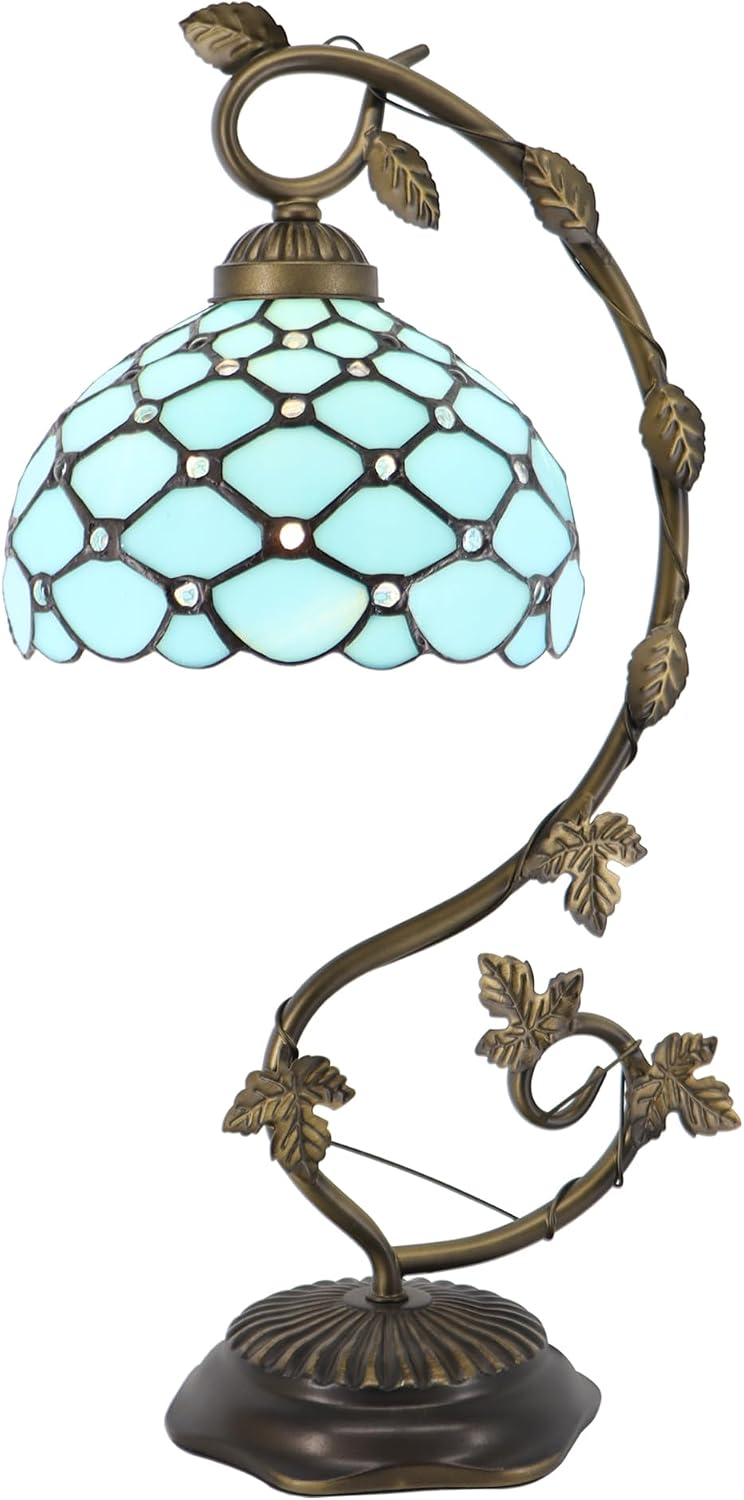 Tiffany Table Lamp, Stained Glass Desk Reading Light,Metal Leaf Table Lamp Base 8X10X21 Inches (Sea Blue Beads)