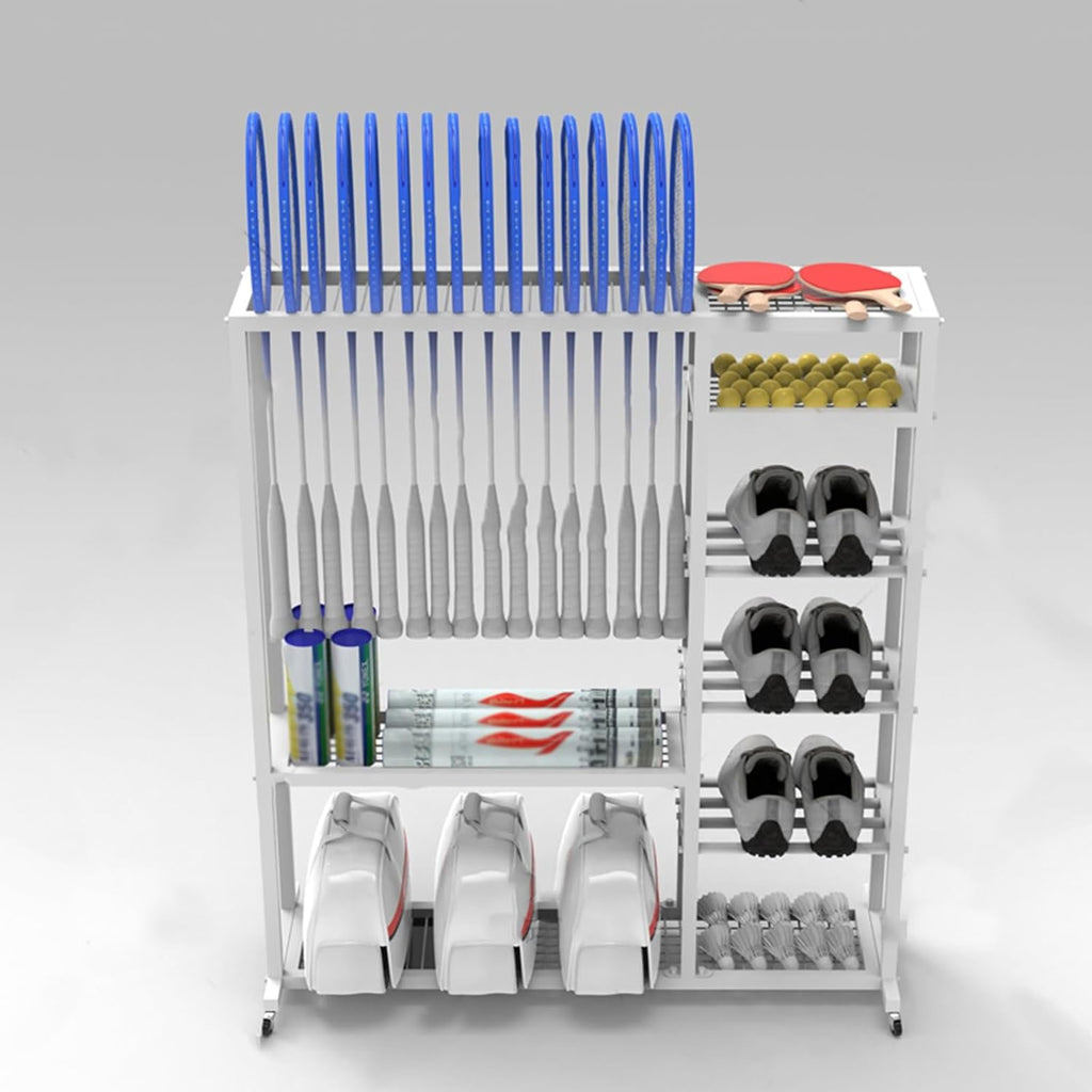 LZMZMQ Tennis Racquet Storage Rack White Metal, Portable Rolling Badminton Racket Display Cart, Comemrcial Table Tennis Racket Organizer Holder, Can Hold 16pcs Rackets