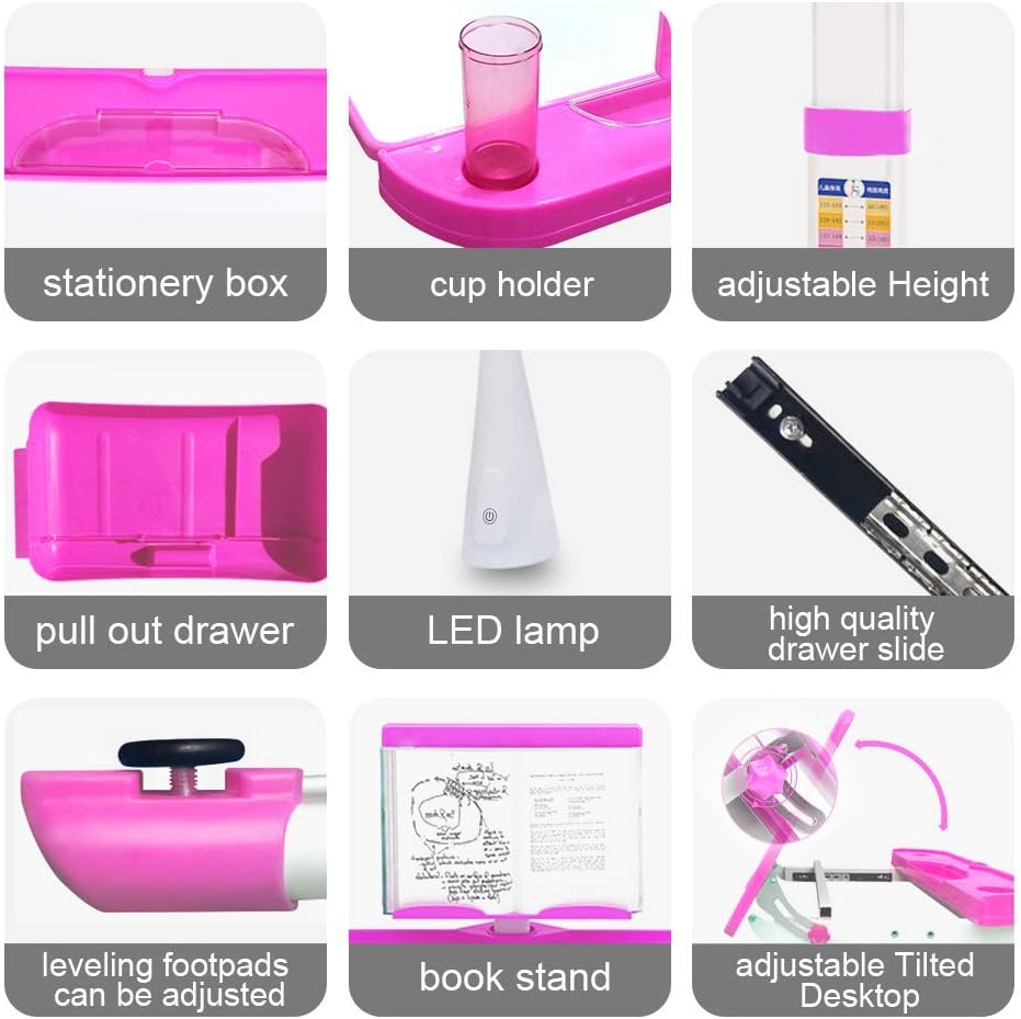 Yinleader Kids Desk and Chair Set,Height Adjustable,Spacious Storage Drawer,with Adjustable Tilted Desktop, Bookstand, Touch Led Lamp for School Student(Pink)