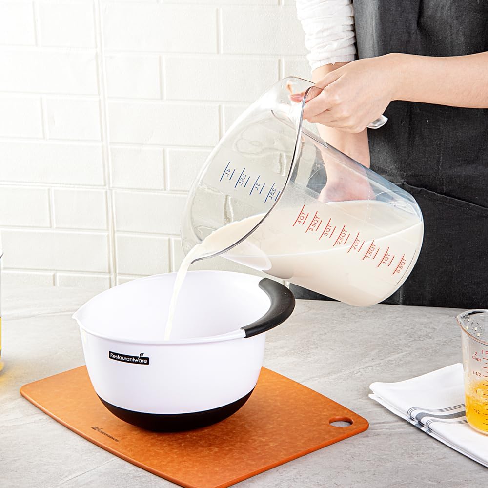Restaurantware RW Base 4 Quart Measuring Jars 10 Durable Measuring Beakers - Metric And Imperial Units V-Shaped Spout Clear Plastic Measuring Cups Handle With Thumb-Grip Tolerates Up To 248F