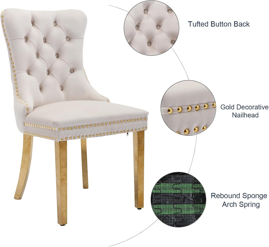 Velvet Dining Chairs Set of 6, Tufted Upholstered Dining Room Chairs with Back Ring Pull, Nailhead Trim and Golden Legs, Modern Dinning Chairs for Dining Room, Kitchen(Beige)