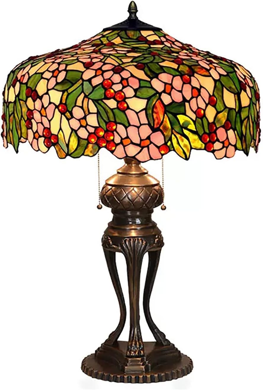 Pink Stained Glass Green Leaves Table Lamp, 20 Inch Tiffany Style Pastoral Cherry Blossom Bedroom Bedside Lamp, Living Room Office Table Decoration Lamp with Pull Cord Switch,A