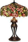 Pink Stained Glass Green Leaves Table Lamp, 20 Inch Tiffany Style Pastoral Cherry Blossom Bedroom Bedside Lamp, Living Room Office Table Decoration Lamp with Pull Cord Switch,A