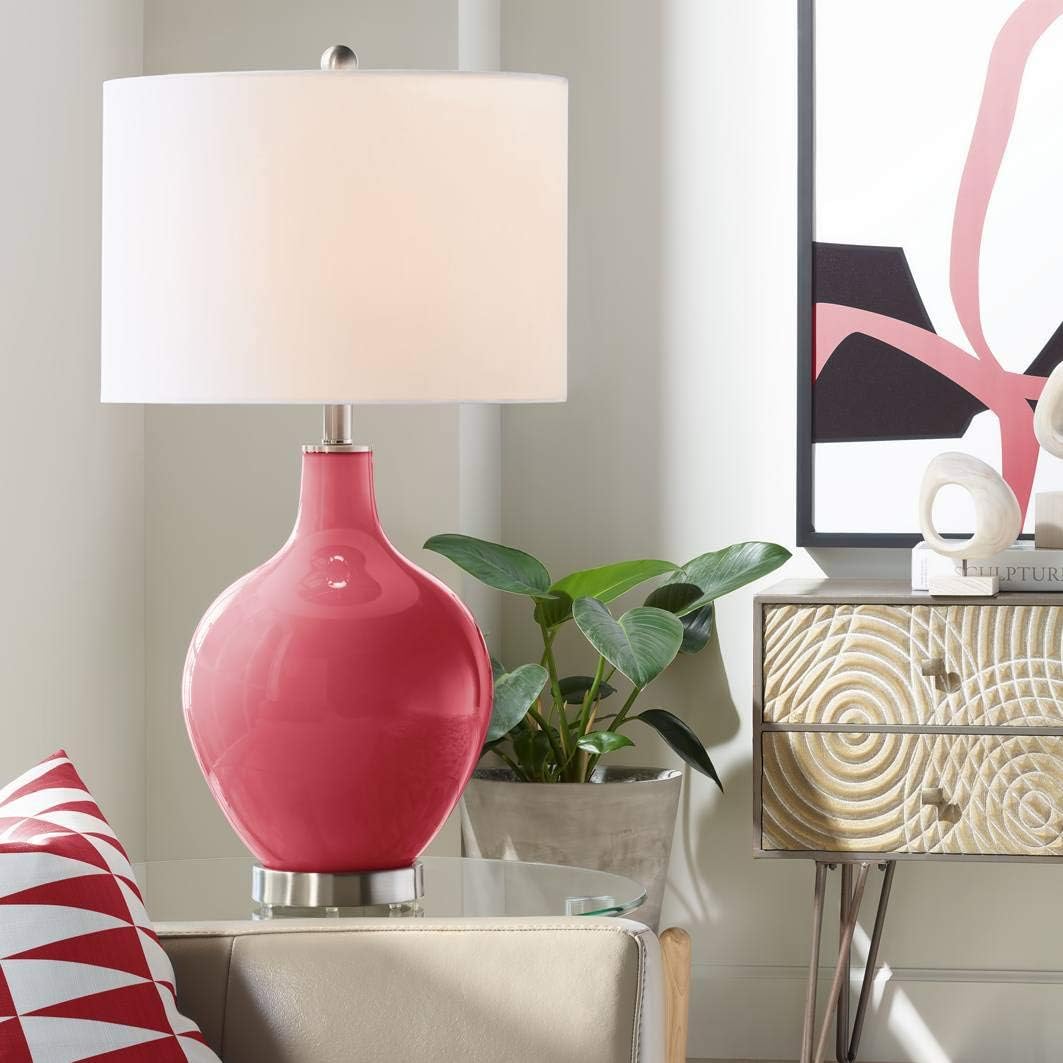 Color + Plus Modern Table Lamp 28.5' Tall Samba Red Glass OVO White Linen Drum Shade for Living Room Family Bedroom Bedside Nightstand Office
