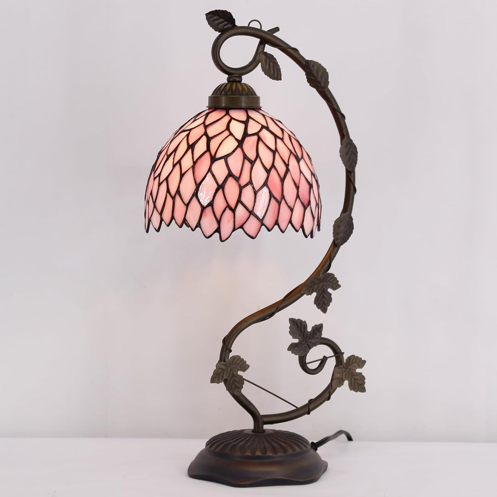 WERFACTORY Tiffany Lamp Pink Wisteria Style Stained Glass Table Desk Reading Light, Metal Leaf Base 8X10X21 Inches Decor Small Space Bedroom Home Office S523P Series